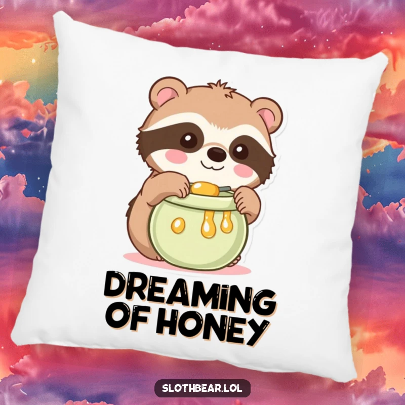 Funny Kawaii Sloth Bear Pillow featuring a cute bear reaching for honey, offering cozy cuteness and a delightful funny gift.
