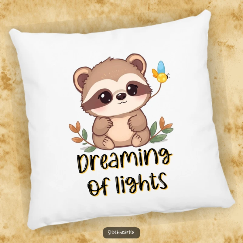 Funny sloth bear pillow featuring a bear with curious eyes watching a firefly blink on, soft, cute, and enchanting.