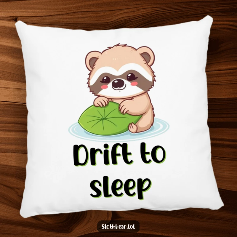 Funny pillow featuring a cute kawaii sloth bear character gently nudging a floating leaf with its nose.