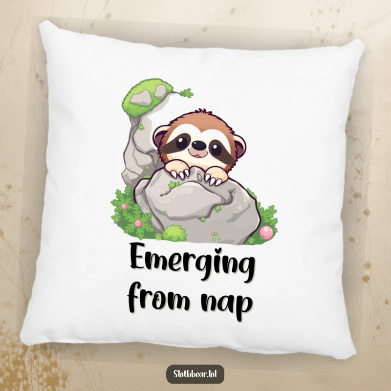 Funny sloth bear character peeking from behind a mossy rock, printed on a soft and decorative pillow.