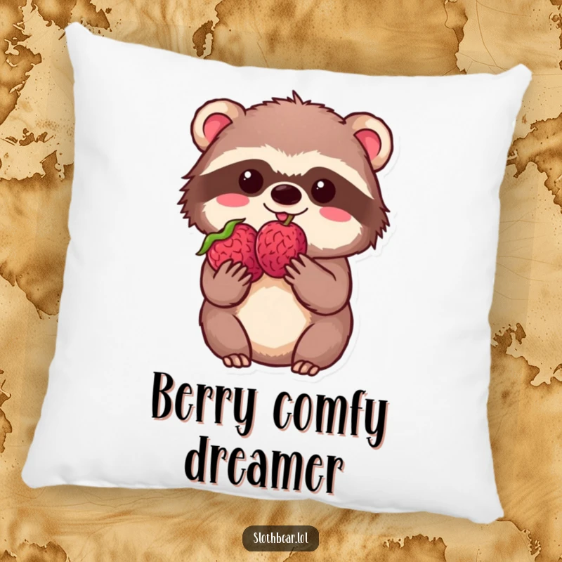 Funny kawaii sloth bear holding a single berry with delight, depicted on a soft, decorative pillow for cozy enjoyment.