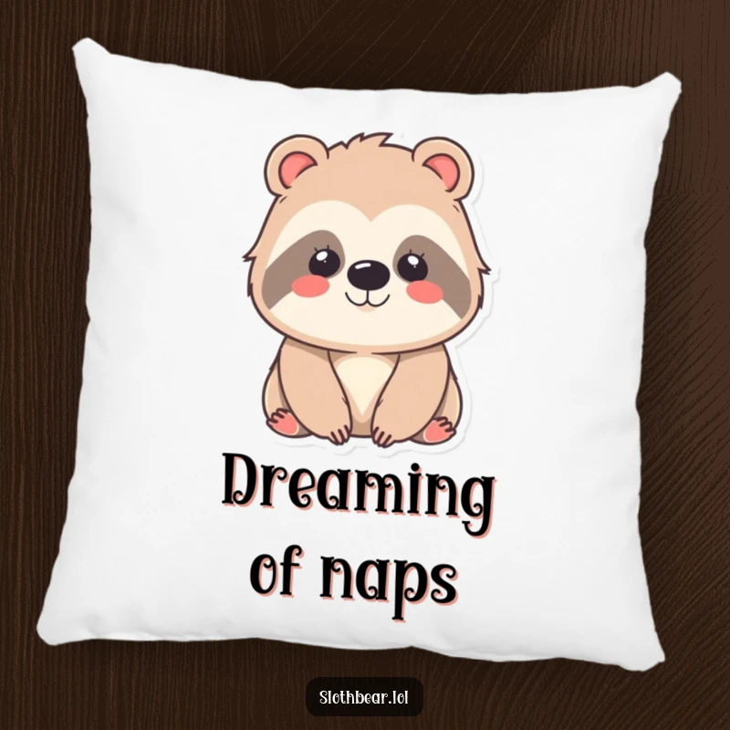 Funny kawaii sloth bear pillow showcasing a gentle, contented smile, perfect for adding adorable comfort and sweet, peaceful charm to a sofa or bed.