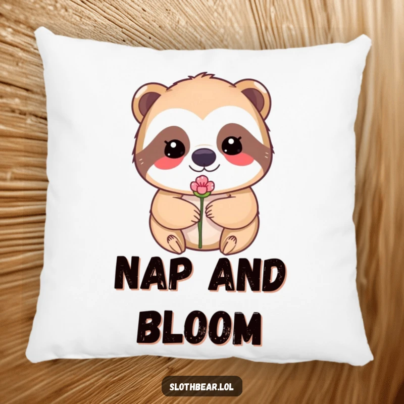 Funny pillow featuring a cute kawaii sloth bear character with a tiny flower bud perfectly balanced on its nose.