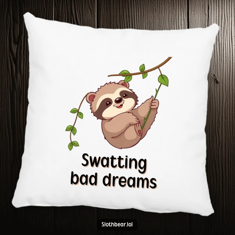 Funny pillow decor: A sweet sloth bear character playfully reaching for a dangling vine, perfect for a cozy, fun atmosphere.