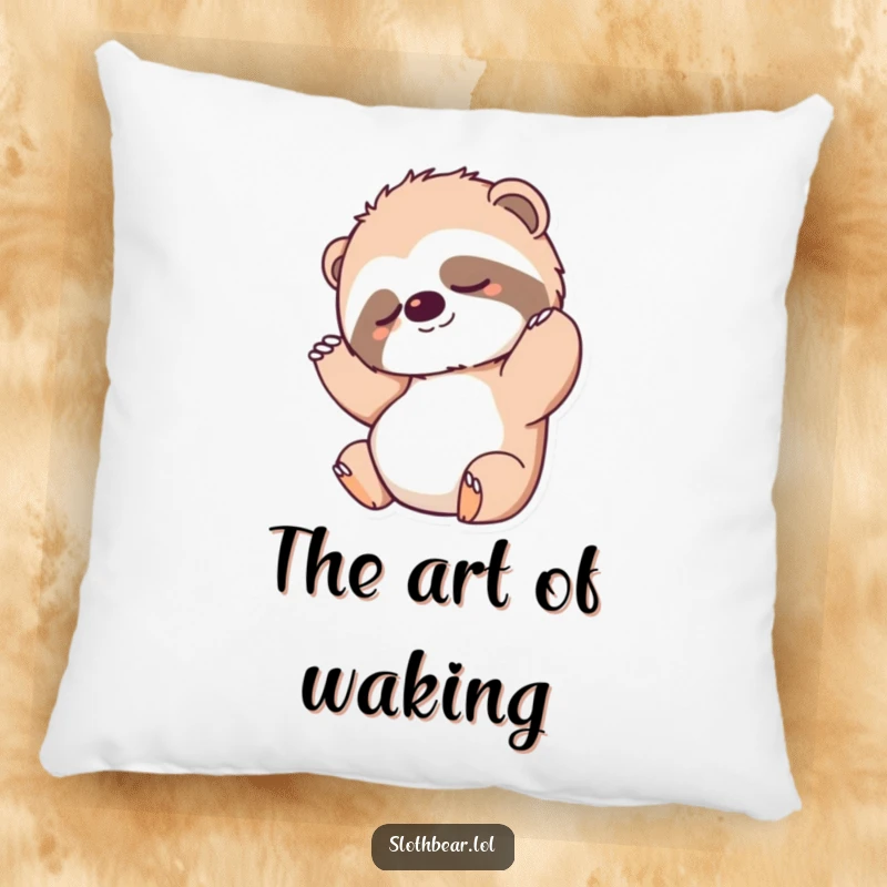 Funny Pillow featuring a sloth bear character stretching after a nap, providing comfort and a touch of humorous relaxation.