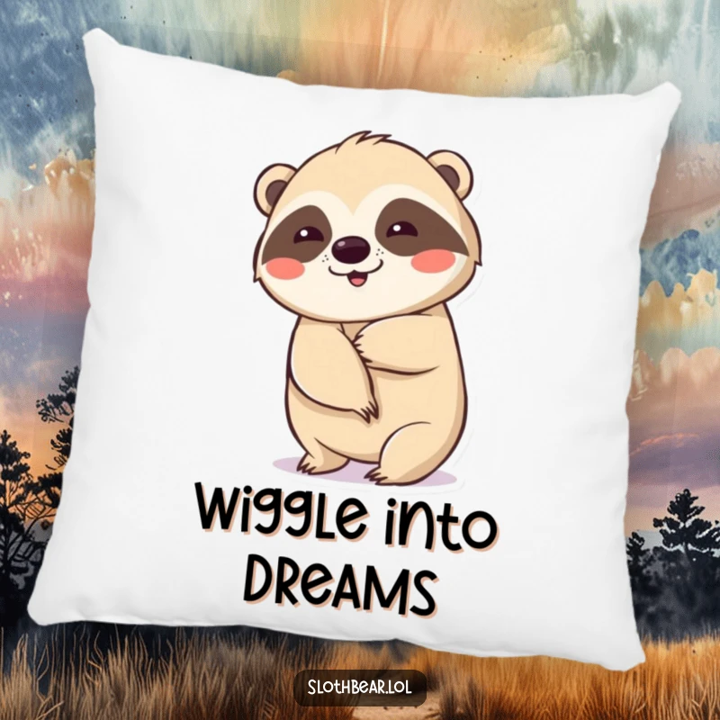 Funny pillow featuring a sloth bear doing a slow, deliberate wiggle, perfect for adding comfort and humor to seating.