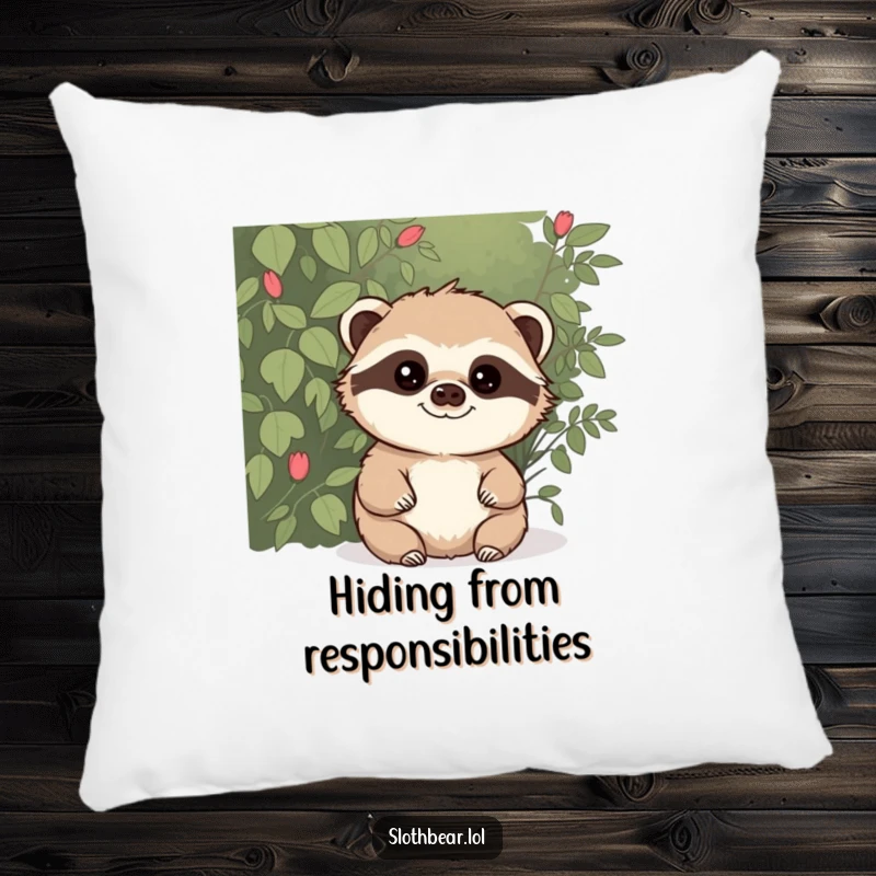 Funny pillow featuring a sloth bear with a mischievous glint, peeking from behind a bush, adding a touch of playful humor and cozy charm.