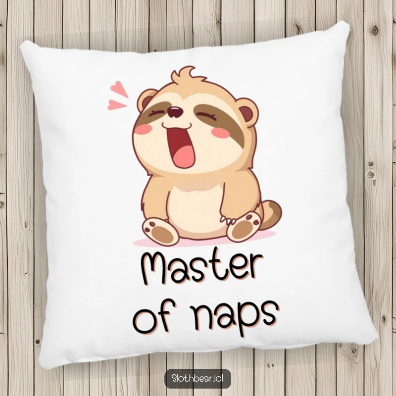 Funny pillow featuring a sloth bear character yawning widely with a contented sigh, perfect for cozy relaxation.
