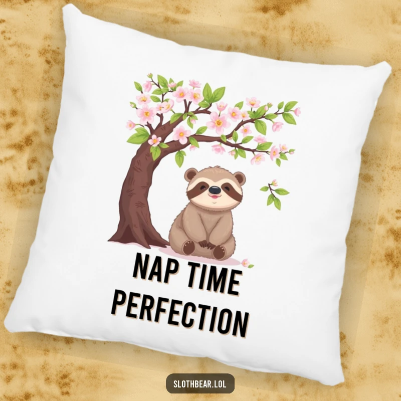 Funny sloth bear pillow, under blooming tree, happy, comfortable, peaceful accent, humorous decor.