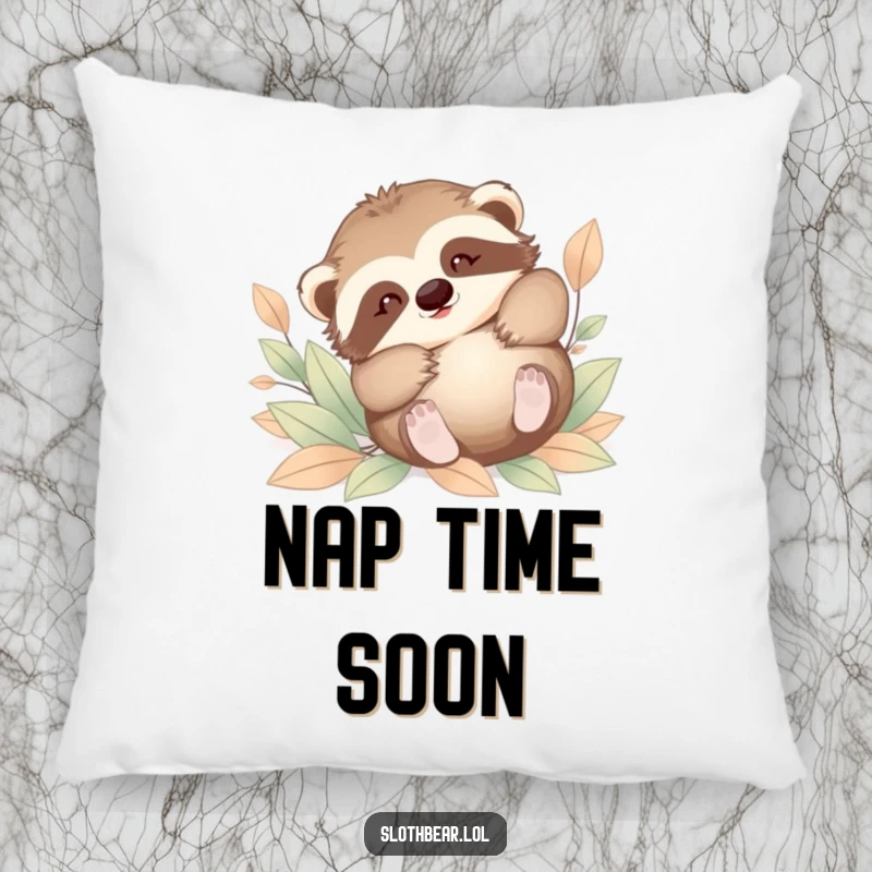 Funny accent pillow showing a baby sloth bear joyfully tumbling in soft leaves. A cozy and humorous addition to any seating area.