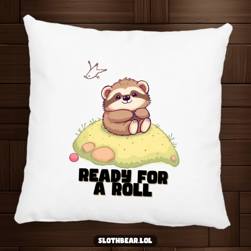 Funny kawaii sloth bear playfully rolling down a gentle hill, depicted on a soft, decorative pillow for cozy enjoyment.