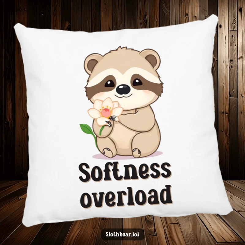 Funny sloth bear pillow depicting a paw gently stroking a flower petal, offering comfort and charming, delicate humor.