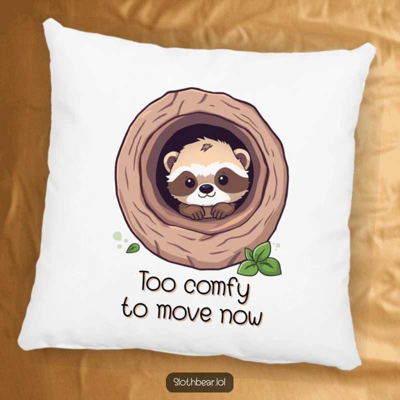 Funny sloth bear cub peeking from a tree log, designed on a soft pillow, ideal for cute and humorous home decor.