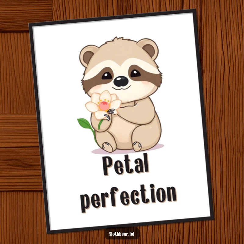 Funny sloth bear digital art print of a paw gently touching a flower petal, capturing delicate beauty and humor.