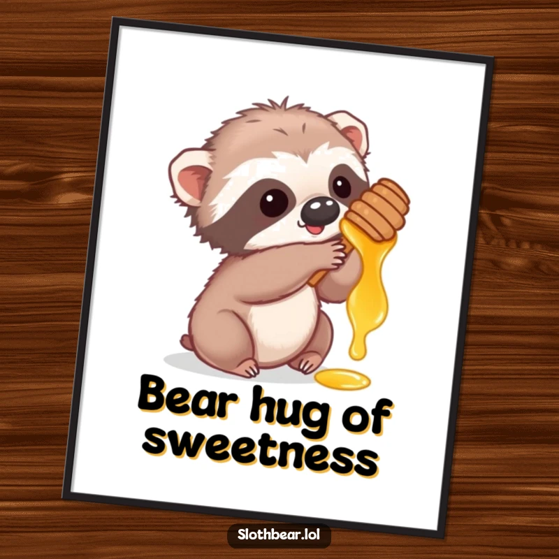 Funny digital art of a cute sloth bear cub playfully reaching for honey, offering instant adorable decor.