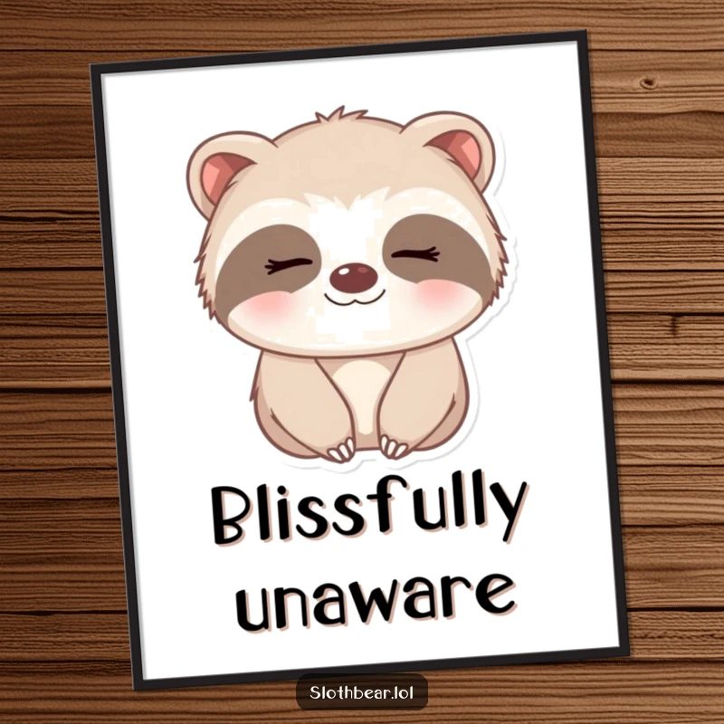 Funny Digital Art Print of a small sloth bear with a gentle, sleepy smile, perfect for adding sweet humor to decor.