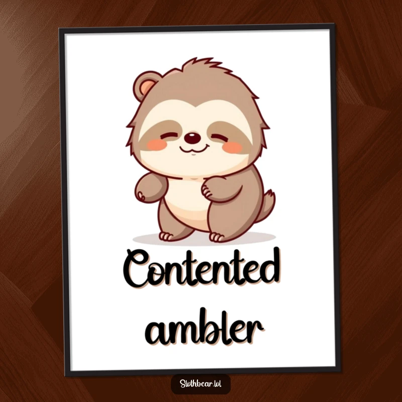 Funny sloth bear digital art print of a bear ambling peacefully with a contented expression, serene and calming decor.