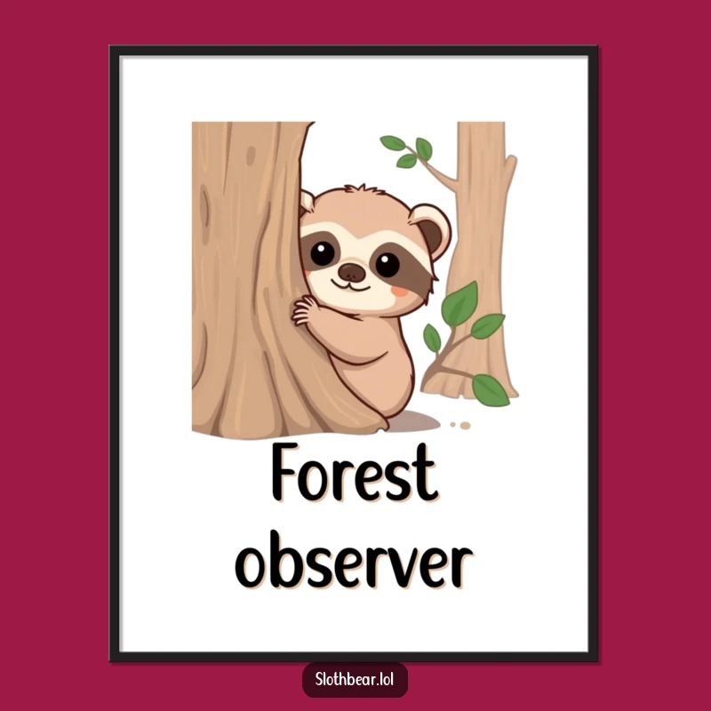 Funny Sloth Bear Peeking Tree Trunk Digital Art - Instant Adorable Decor