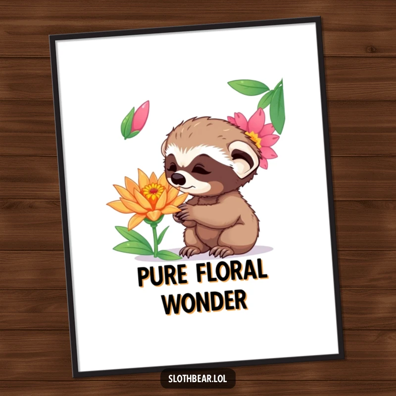 Funny curious sloth bear cub sniffing a vibrant exotic flower with wonder, available as a high-quality digital art print.