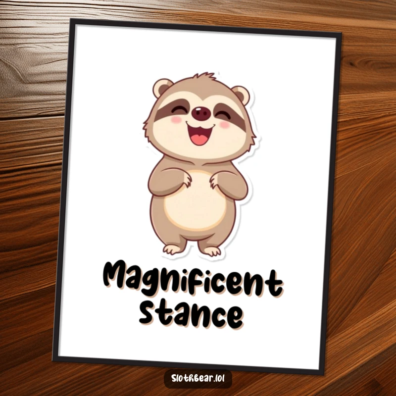 Funny delighted sloth bear character standing on its hind legs, looking pleased, available as a high-quality digital art print.