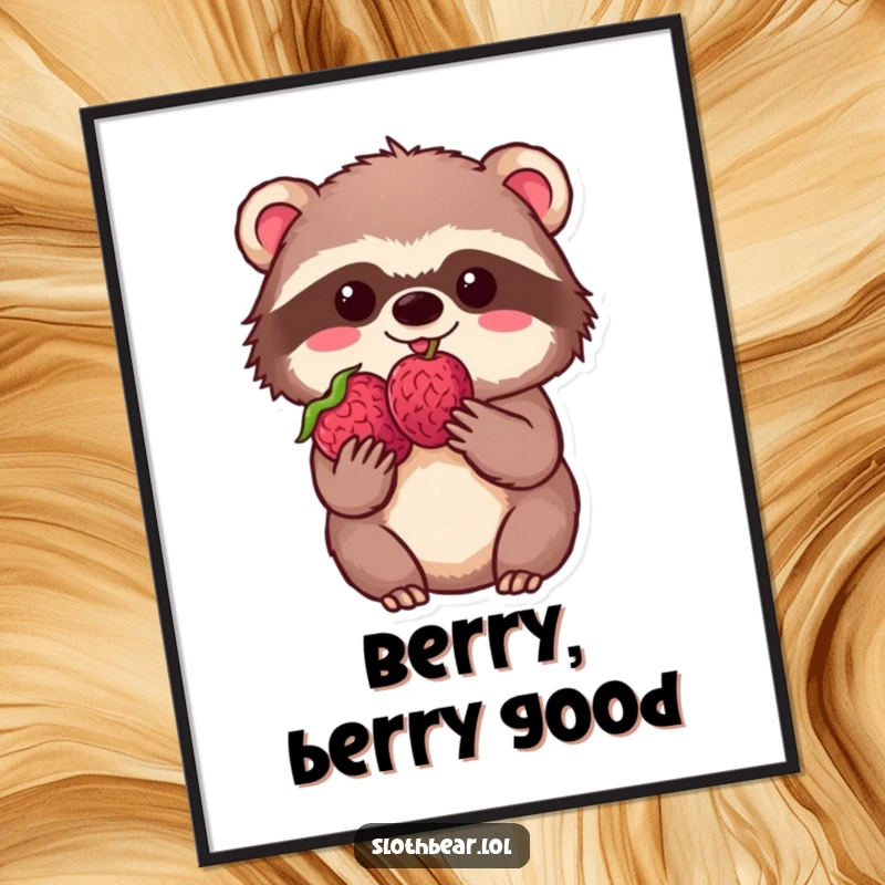 Funny kawaii sloth bear holding a single, perfect berry with immense delight, captured as a high-resolution digital art print.