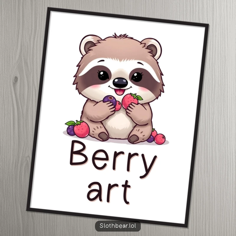 Funny kawaii sloth bear digital art print of a cute character happily munching digital berries, a humorous and sweet collectible.
