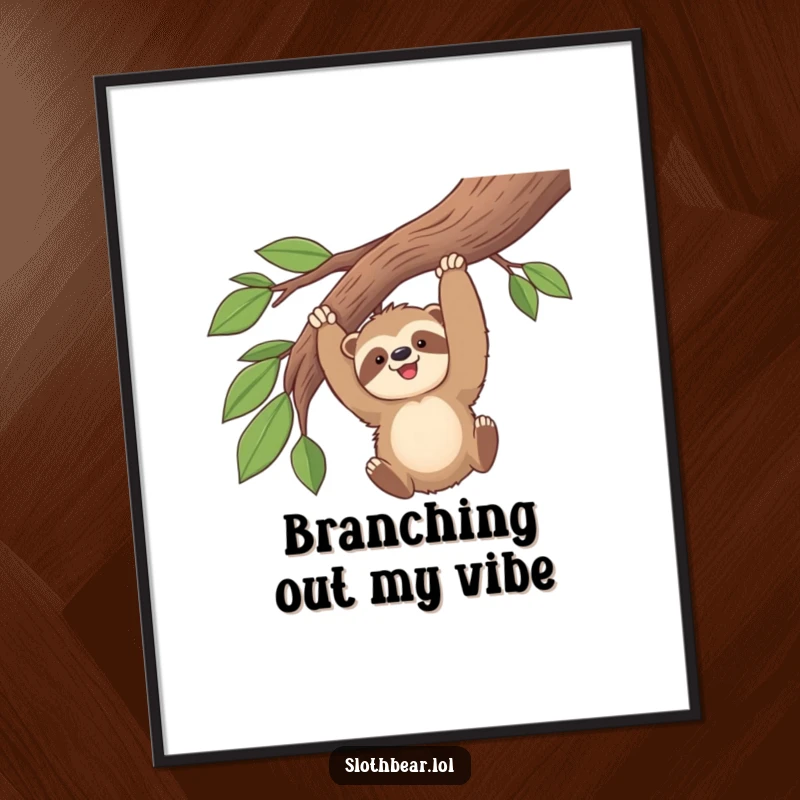 Funny kawaii sloth bear gleefully swinging high on a thick, leafy branch, captured as a high-resolution digital art print.
