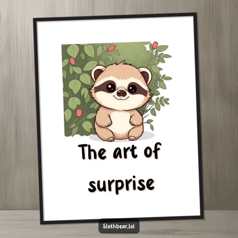 Funny digital art print of a sloth bear peeking mischievously from behind a bush, creating a humorous and intriguing piece for immediate decor.