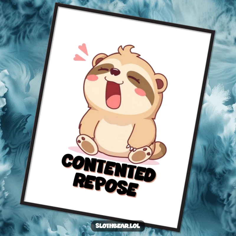 Funny digital art print of a sloth bear character yawning widely with a contented sigh, ideal for decor.