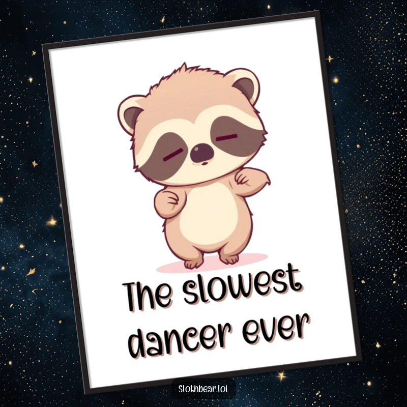 Funny digital art print of a sleepy sloth bear cub comically trying to dance, ready for download.