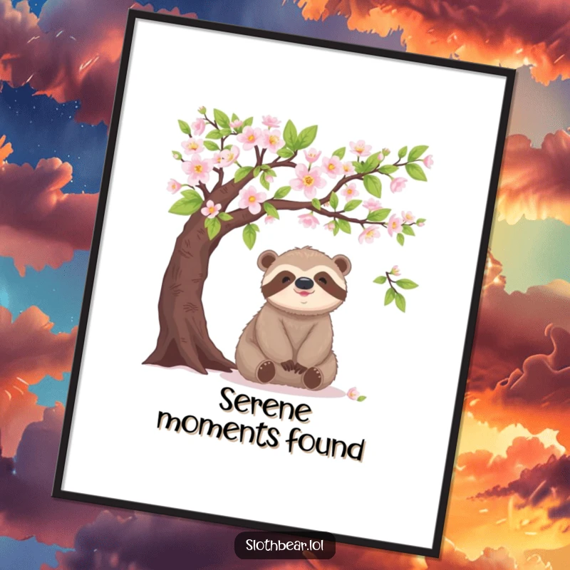 Funny sloth bear digital art, under blooming tree, peaceful, nature illustration, instant download.