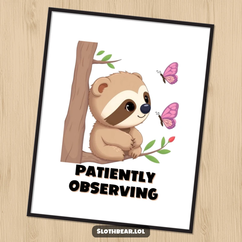 Funny Digital Art Print of a curious sloth bear watching a butterfly, an instant download for peaceful, humorous decor.