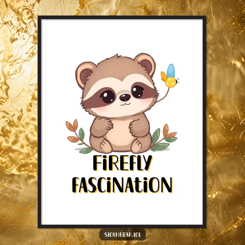 Funny sloth bear digital art print of a bear with curious eyes watching a firefly blink on, magical and charming decor.