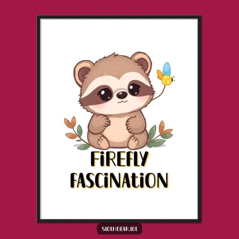 Funny Sloth Bear Digital Art: Curious Firefly Scene, Instant Funny Gift