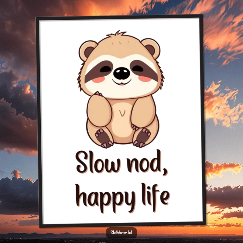 Funny Digital Art Print of a kawaii sloth bear character giving a slow, friendly nod, perfect for instant decoration and peace.