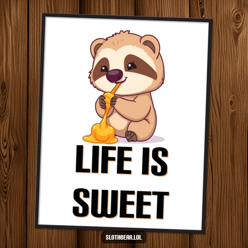 Funny digital art print of a cute sloth bear enjoying honey from its paw. High-quality, humorous artwork for instant home decoration.