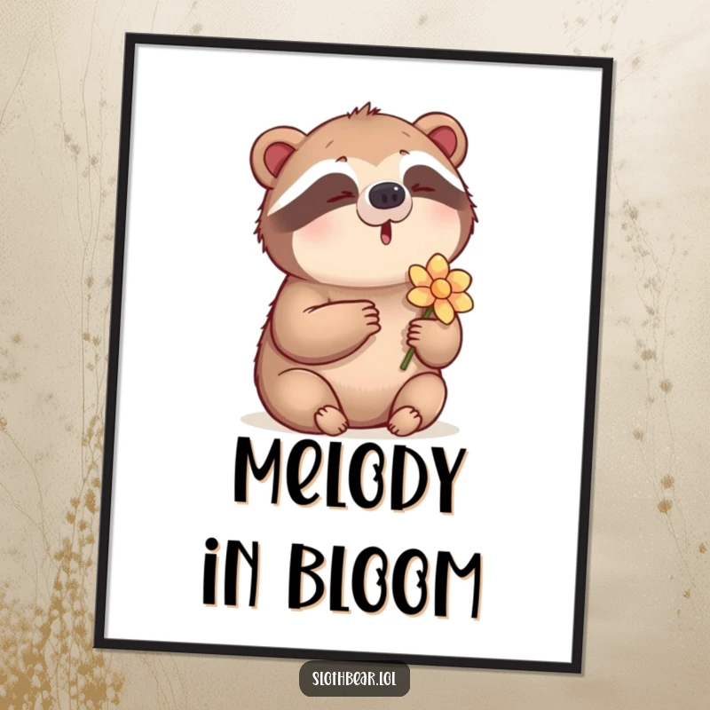 Funny Digital Art Print of a sloth bear humming a tune while holding a flower, an instant download for musical decor.