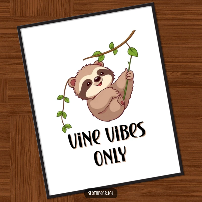 Funny digital art print: A cute sloth bear character playfully swatting a vine, full of movement and cheerful energy.