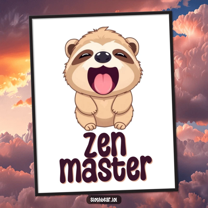 Funny sloth bear digital art print of a bear yawning widely, revealing its tiny pink tongue, perfect for humorous wall decor.