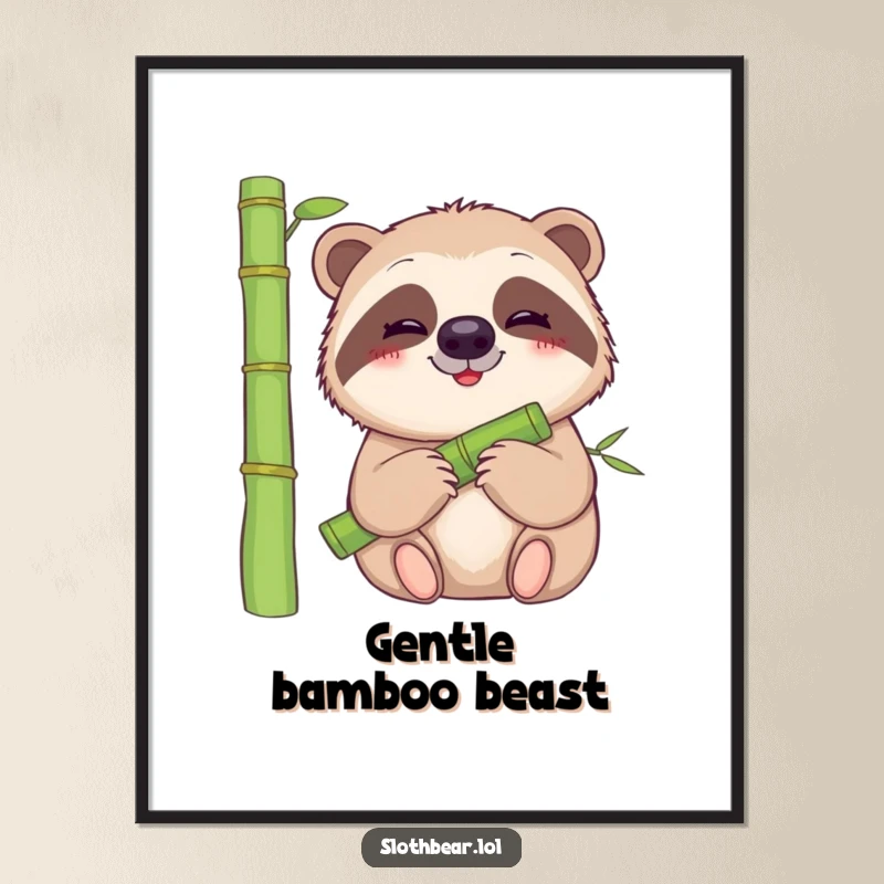 Funny sloth bear digital art print of a gentle bear with a smile munching on juicy bamboo, serene and peaceful.