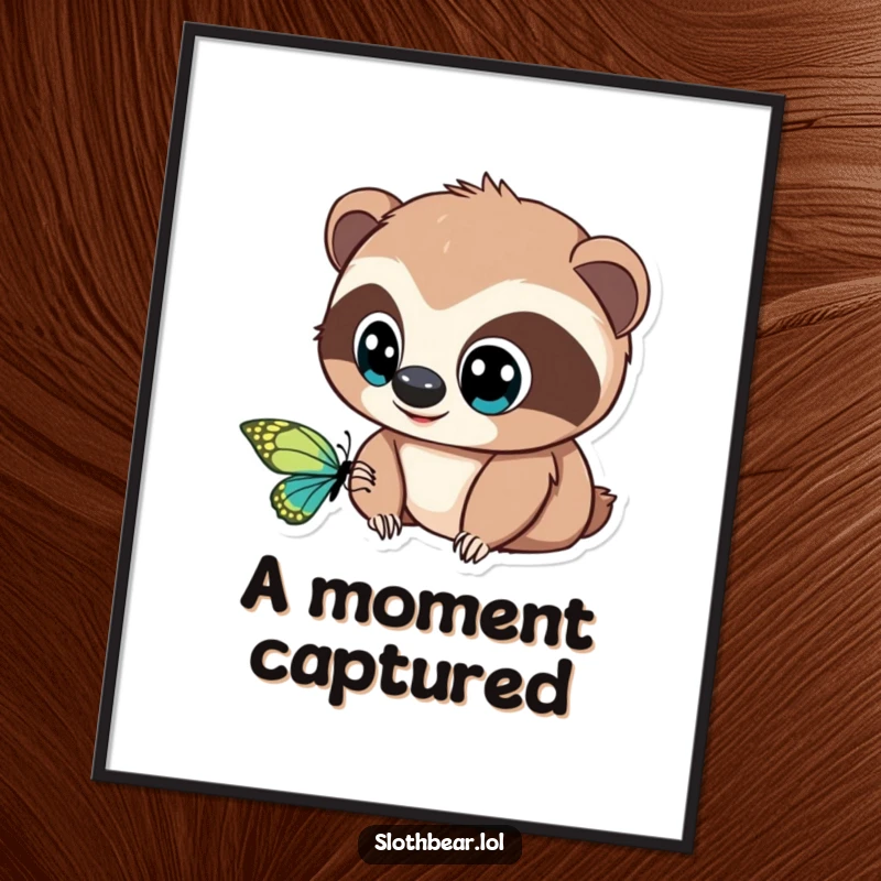 Funny Digital Art Print: A sloth bear with large, innocent eyes is mesmerized by a fluttering butterfly, creating a peaceful scene.