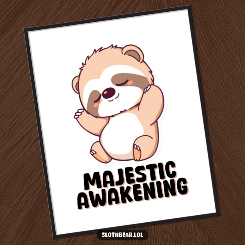 Funny Digital Art Print of a sloth bear character stretching after a nap, perfect for adding relaxed humor to decor.