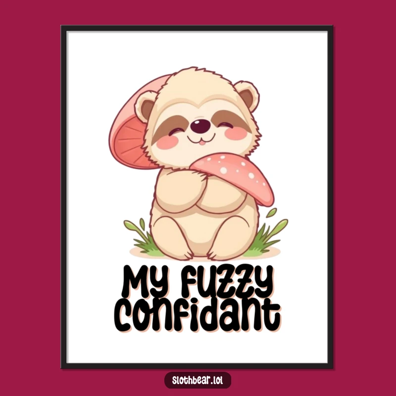 Funny Sloth Bear Mushroom Hug Digital Art - Instant Download Woodland Charm