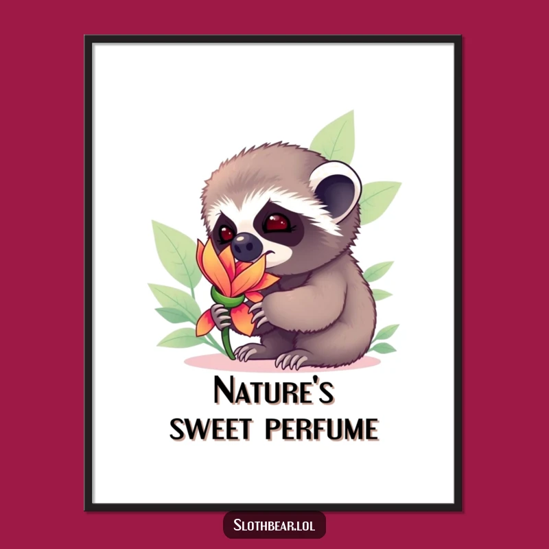 Funny Sloth Bear Cub Digital Art: Curious Cub Sniffing Flower, Instant Funny Gift