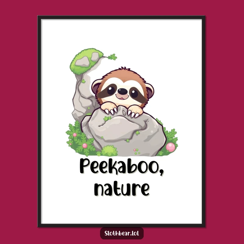 Funny Sloth Bear Peek Digital Print - Instant Mossy Rock Art Gift