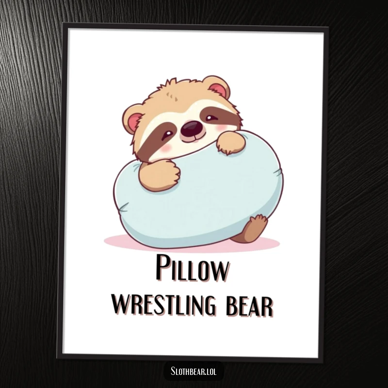 Funny sloth bear digital art print of a bear playfully wrestling with a large, soft pillow, energetic and humorous decor.