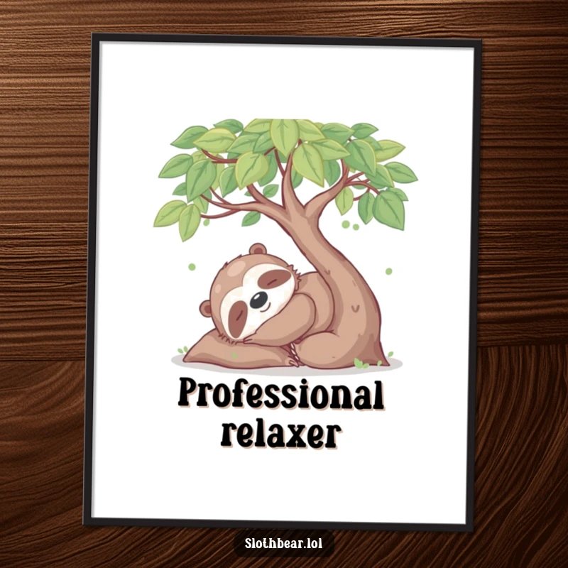 Funny digital art print of a happy sloth bear character napping under a leafy tree, conveying peaceful wildlife serenity.