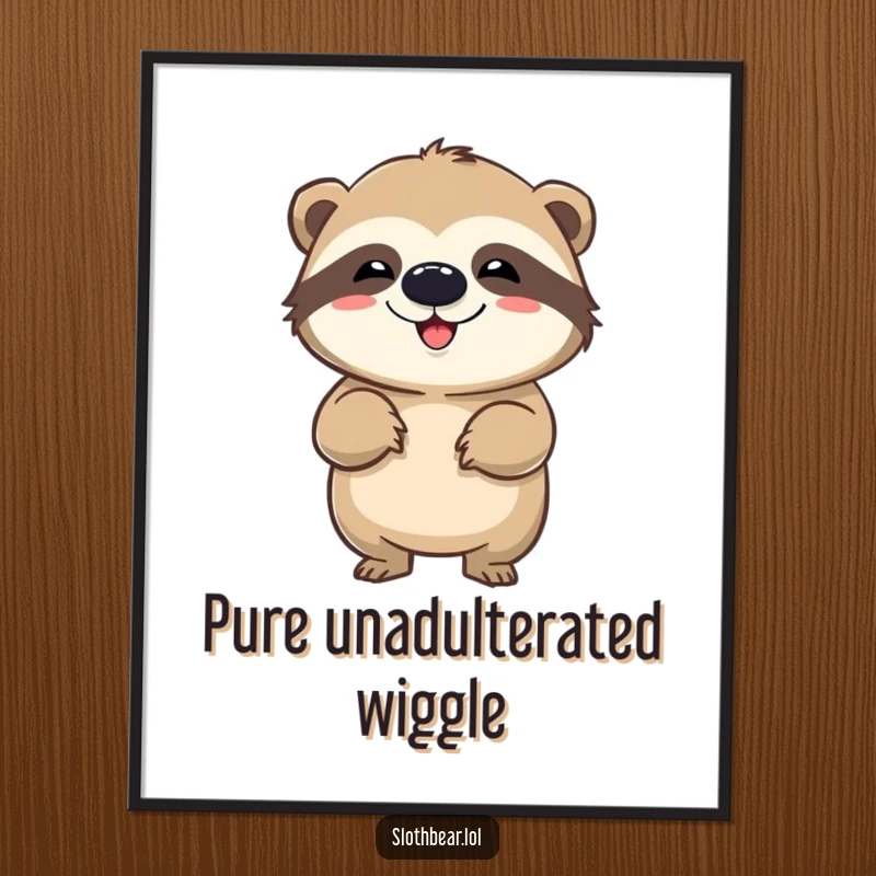 Funny digital art print of a sloth bear performing a comical wiggle, creating a humorous and energetic piece for immediate decor and cheer.