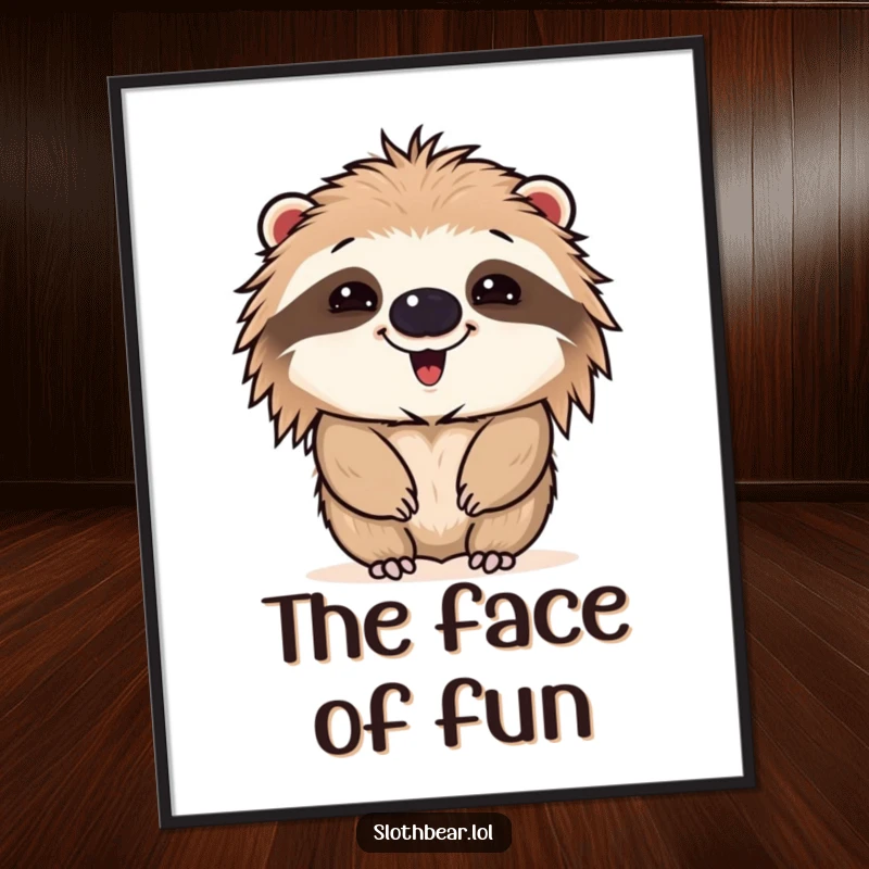 Funny digital art print of a sloth bear making a comical face, creating a humorous and expressive piece for immediate decor and cheer.