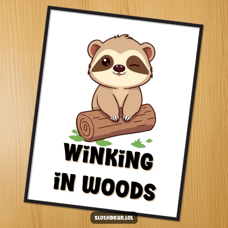 Funny Sloth Bear Digital Art Print featuring a winking character sitting on a log, perfect for conveying a playful and mischievous mood.